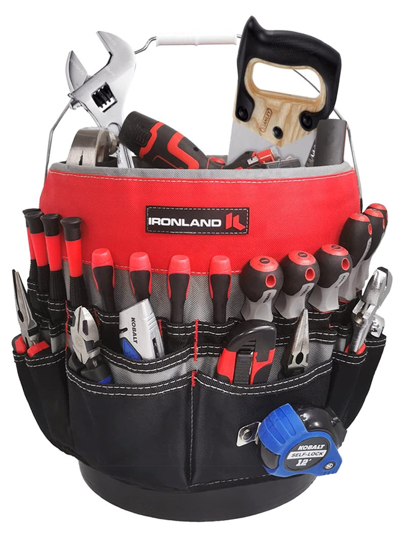 IRONLAND Bucket Tool Organizer Fit 3.5-5 Gallon Bucket, 51 Pockets, Bucket Tool Caddy Organization for Garden, Construction, Carpenter, Electrician, Welding, Builder Red & Black - Image 1